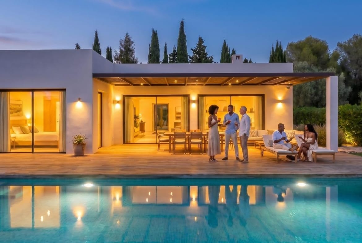 Pool terrace at sunset at a single-storey Pinoso country villa, Alicante