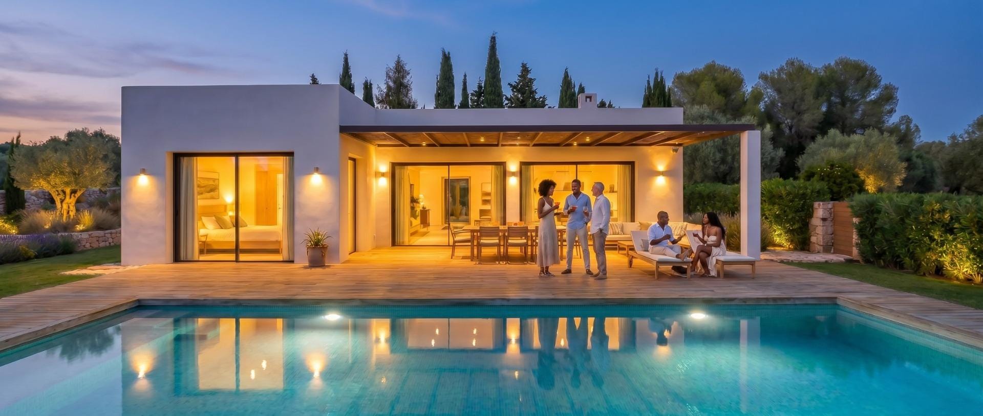 Pool terrace at sunset at a single-storey Pinoso country villa, Alicante