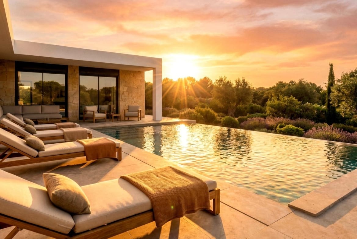 Private pool terrace at sunset at a Pinoso country villa, Alicante