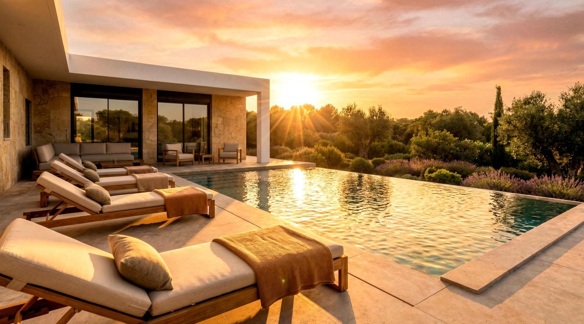 Private pool terrace at sunset at a Pinoso country villa, Alicante