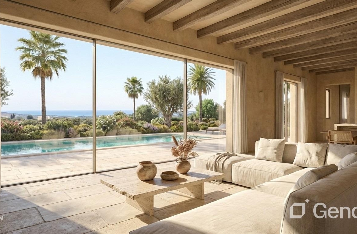 Living room overlooking the private pool at a Pinoso country villa