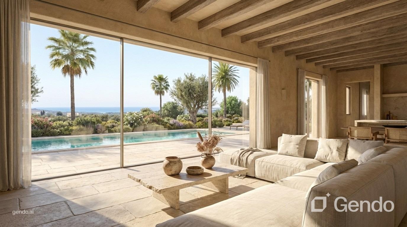 Living room overlooking the private pool at a Pinoso country villa
