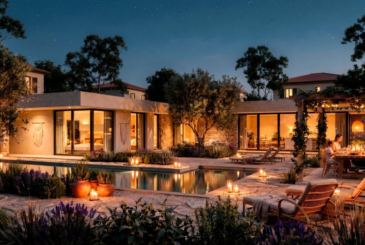 Private pool and country villa illuminated at night in Pinoso