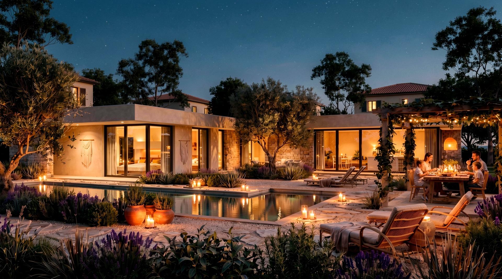 Private pool and country villa illuminated at night in Pinoso