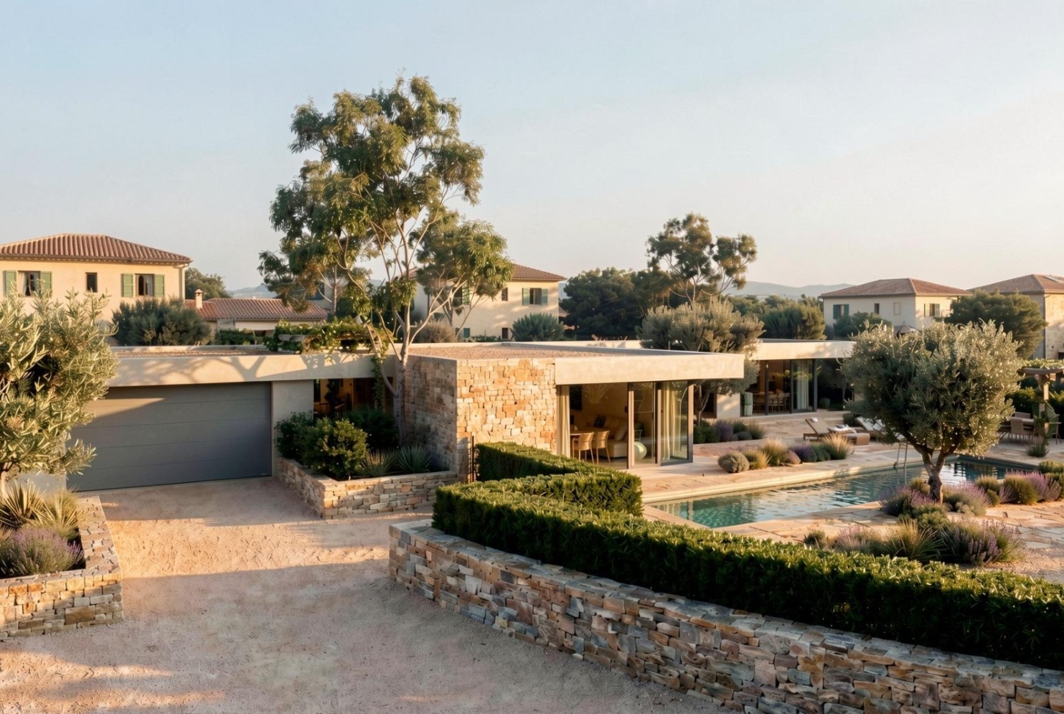 Aerial view of a villa with closed garage and rural plot in Pinoso