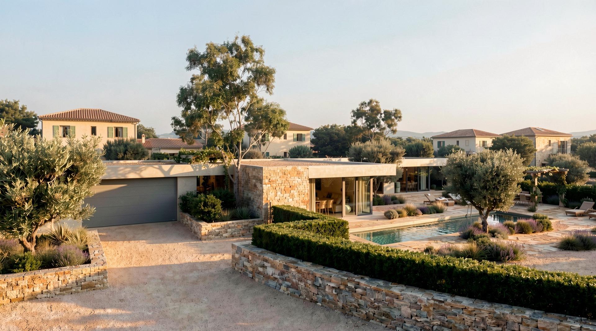 Aerial view of a villa with closed garage and rural plot in Pinoso