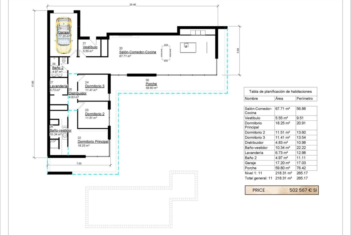 Floor plan of a 3 bedroom villa with closed garage in Pinoso