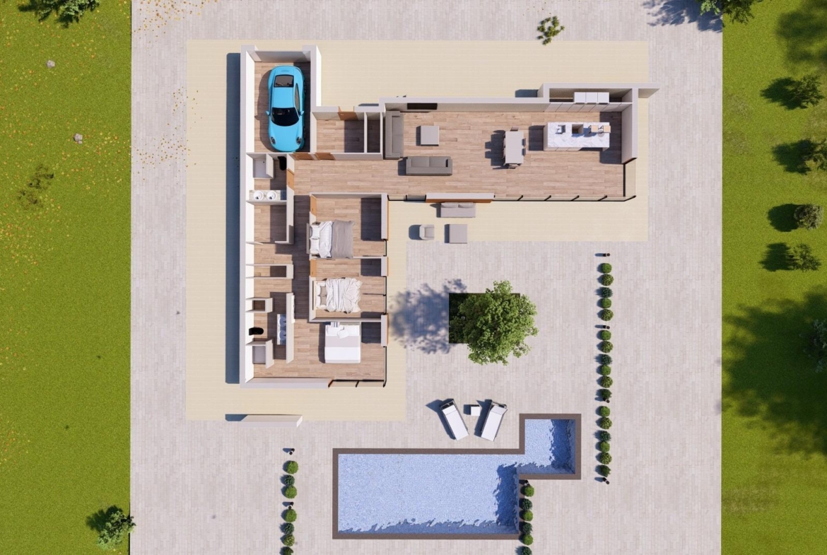 Furnished site layout of a custom build villa and pool in Pinoso