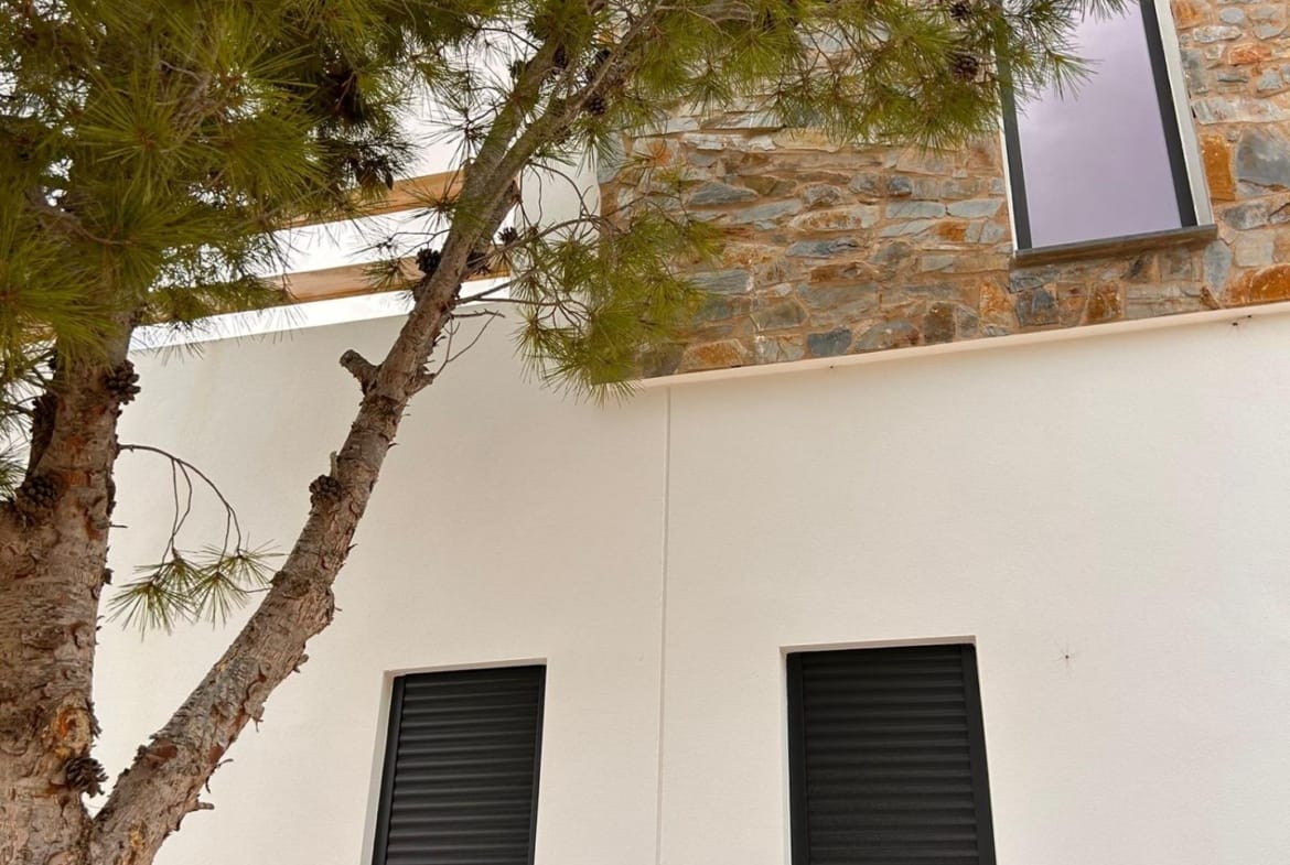 Dark window shutters beneath a tree beside the villa in Pinoso, Alicante