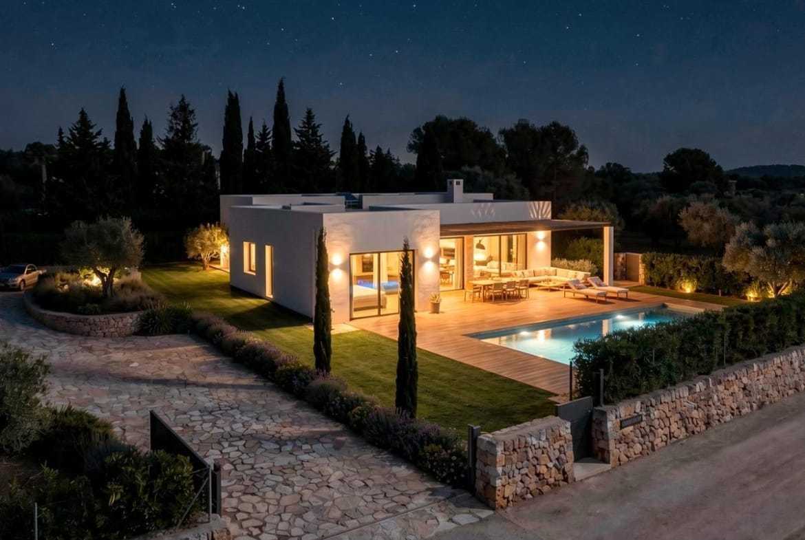 Aerial night view of a villa with private pool in Pinoso, Alicante