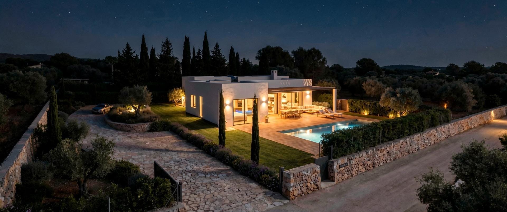 Custom-Built-New-Villas-in-Pinoso-Alicante-Spacious-Homes-in-Natural-Surroundings-3 Aerial night view of a villa with private pool in Pinoso, Alicante