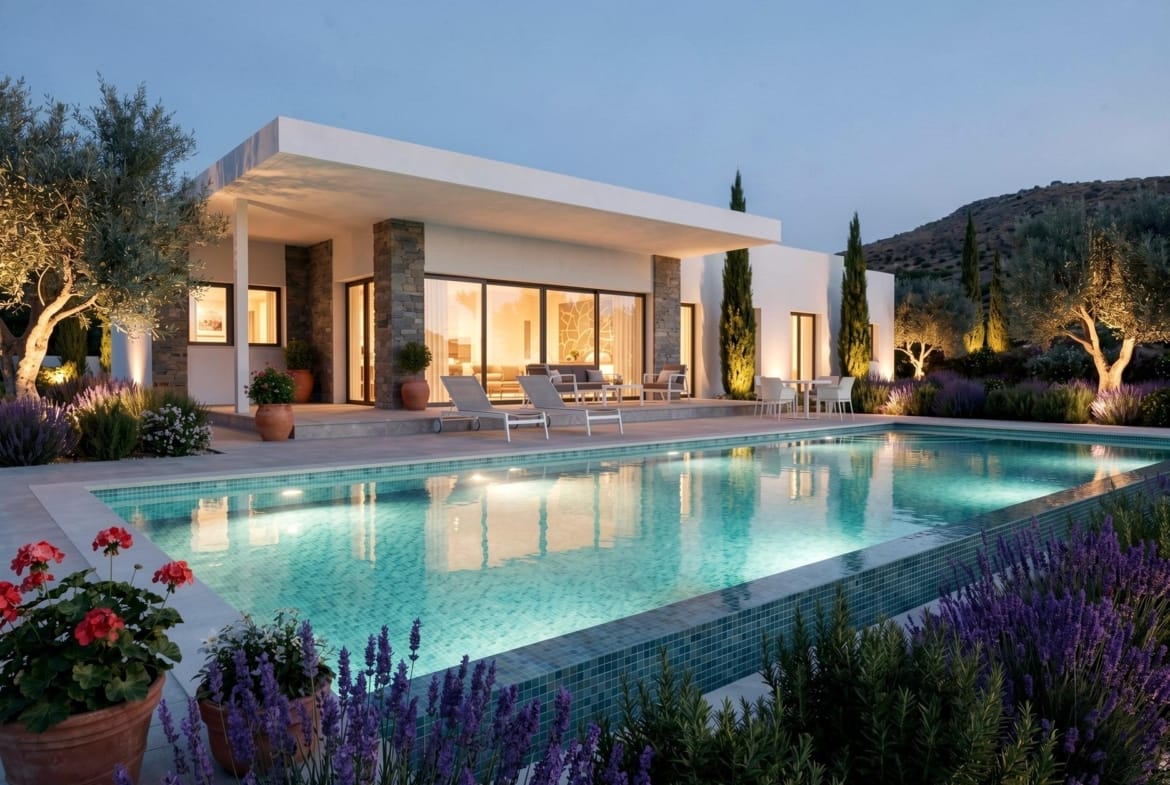 Villa and private pool at dusk in the Pinoso countryside, Alicante