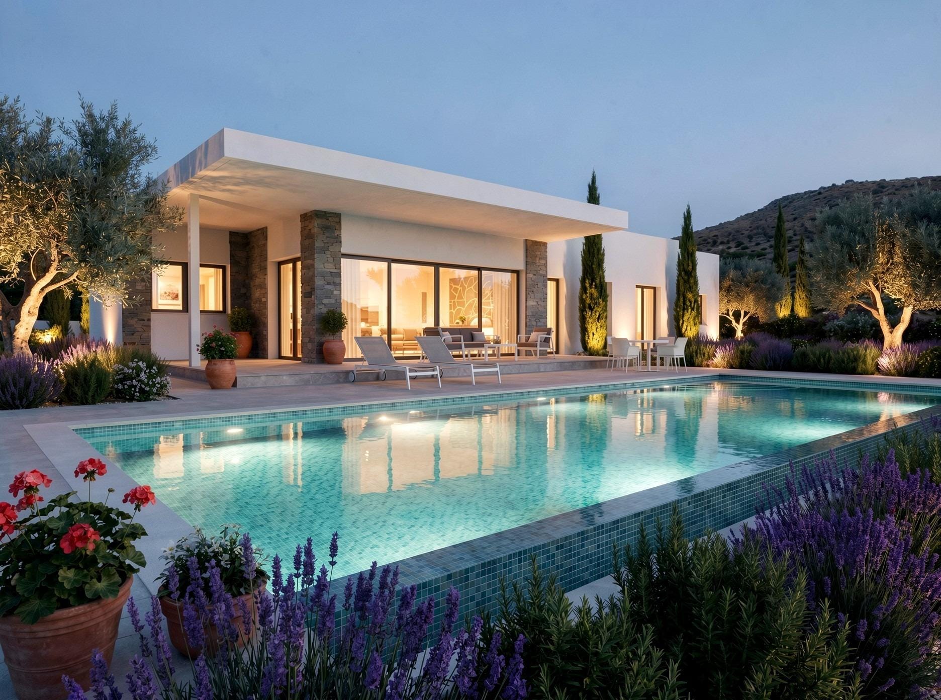 Custom-Built-New-Villas-in-Pinoso-Alicante-Spacious-Homes-in-Natural-Surroundings-3 Villa and private pool at dusk in the Pinoso countryside, Alicante