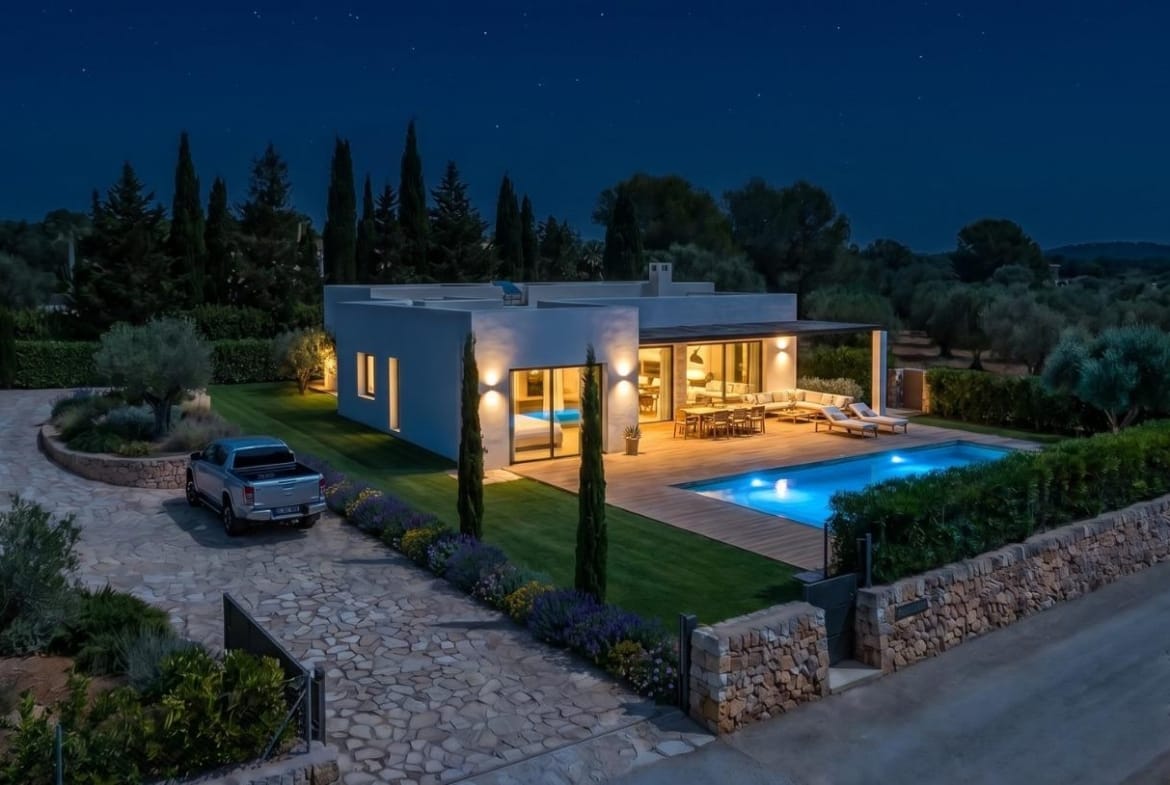 Illuminated country villa and rural plot at night in Pinoso, Alicante