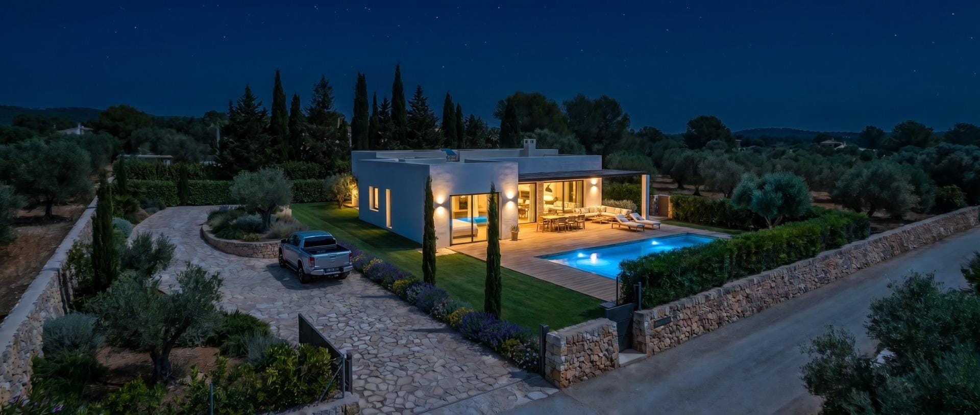 Custom-Built-New-Villas-in-Pinoso-Alicante-Spacious-Homes-in-Natural-Surroundings-4 Illuminated country villa and rural plot at night in Pinoso, Alicante