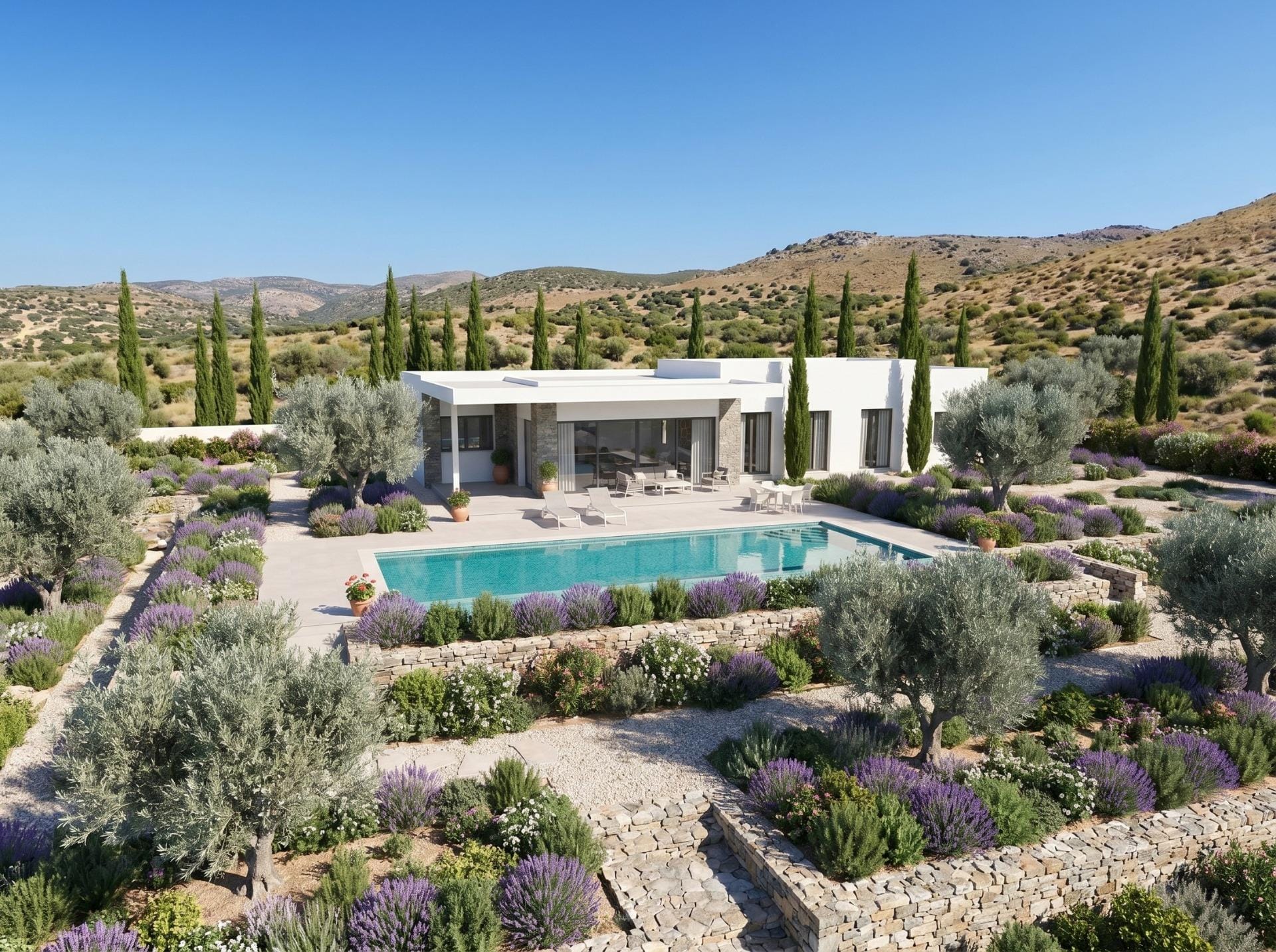 Custom-Built-New-Villas-in-Pinoso-Alicante-Spacious-Homes-in-Natural-Surroundings-4 Landscaped plot around a new build country villa in Pinoso, Alicante