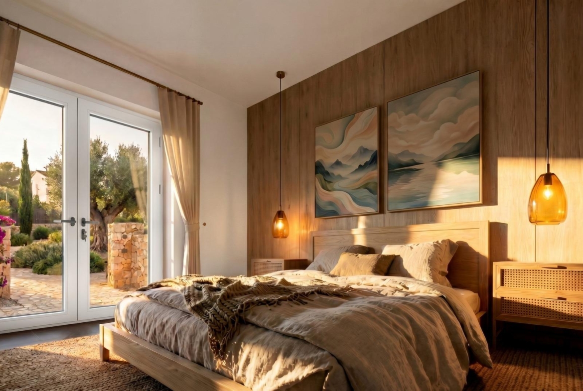 Main bedroom opening to the garden at a villa in Pinoso, Alicante