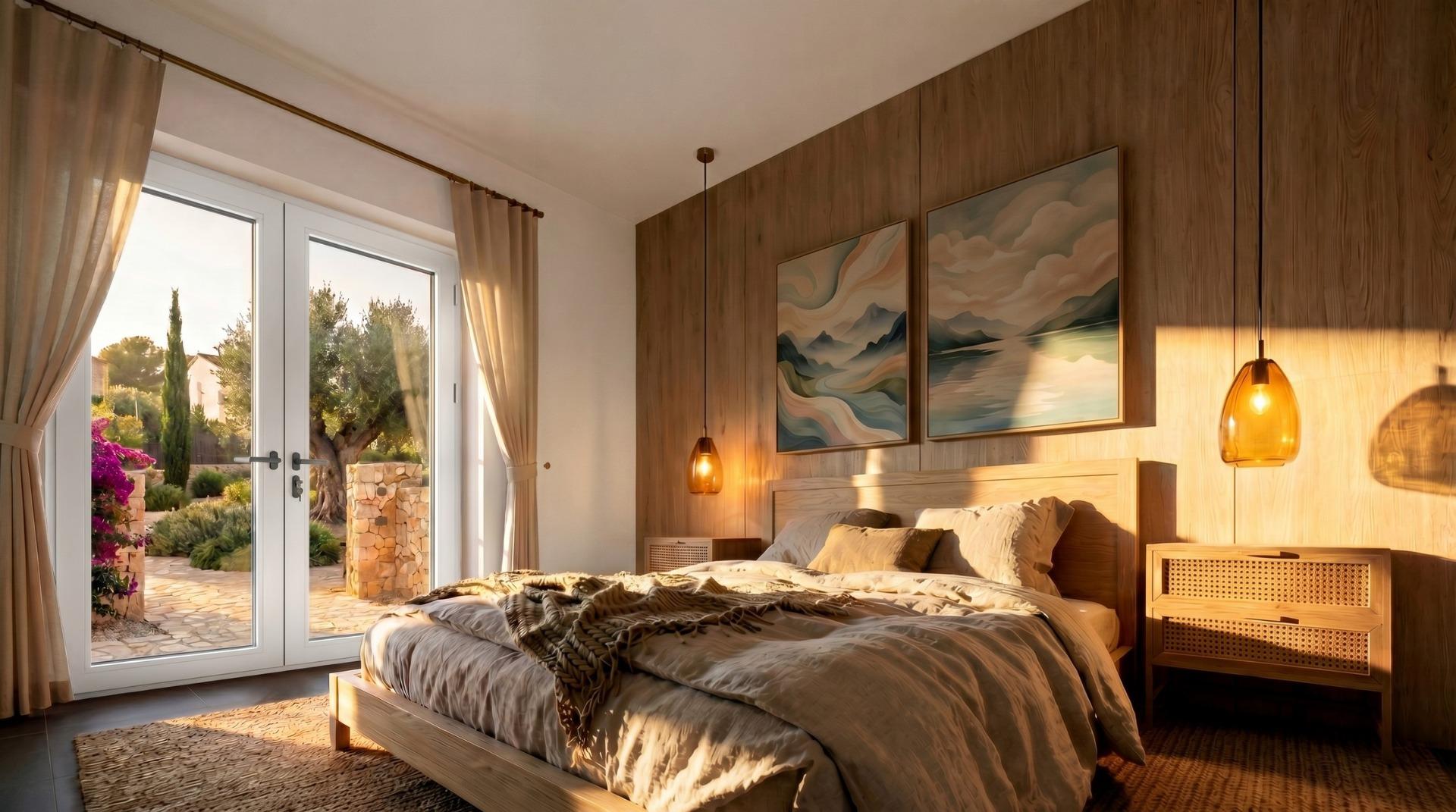Main bedroom opening to the garden at a villa in Pinoso, Alicante