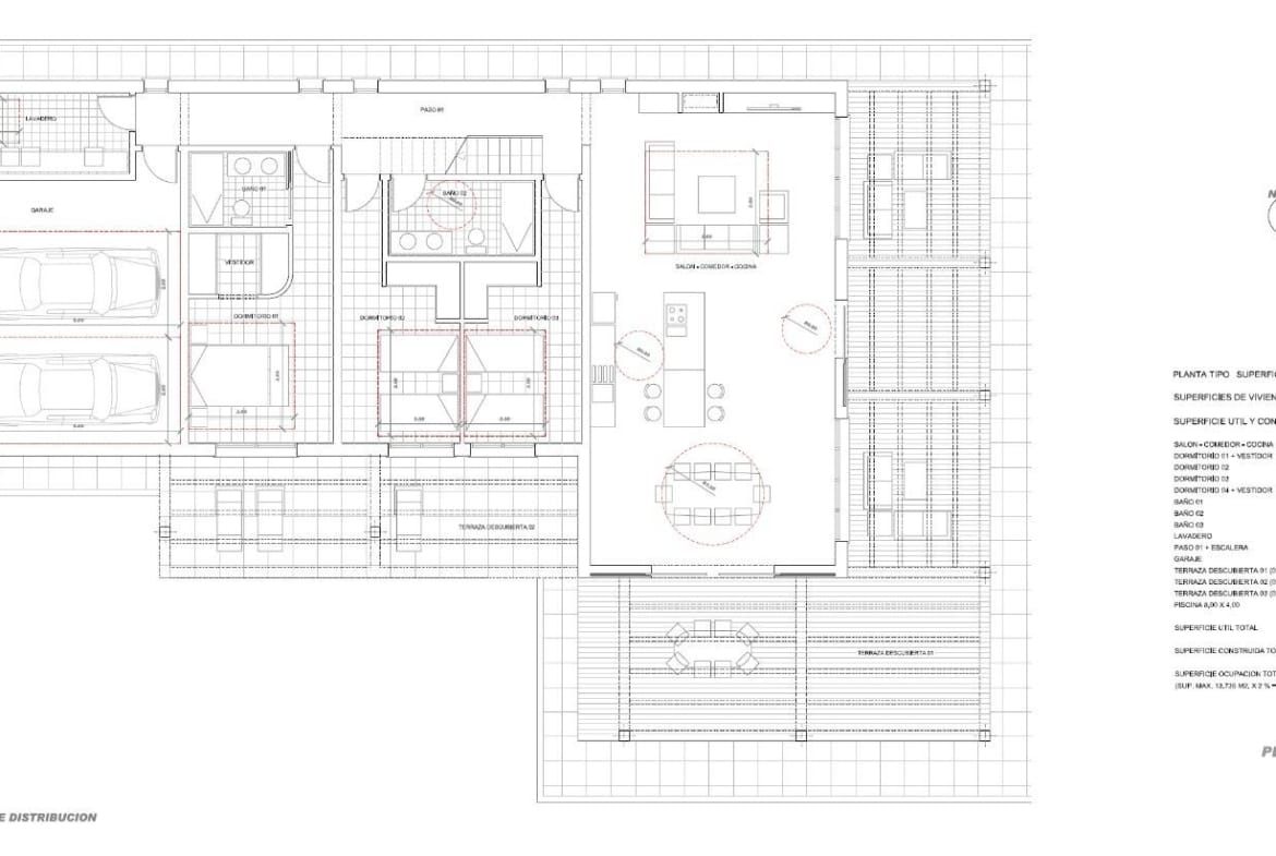 Ground-floor plan showing bedrooms, living space and a closed garage in Pinoso, Alicante
