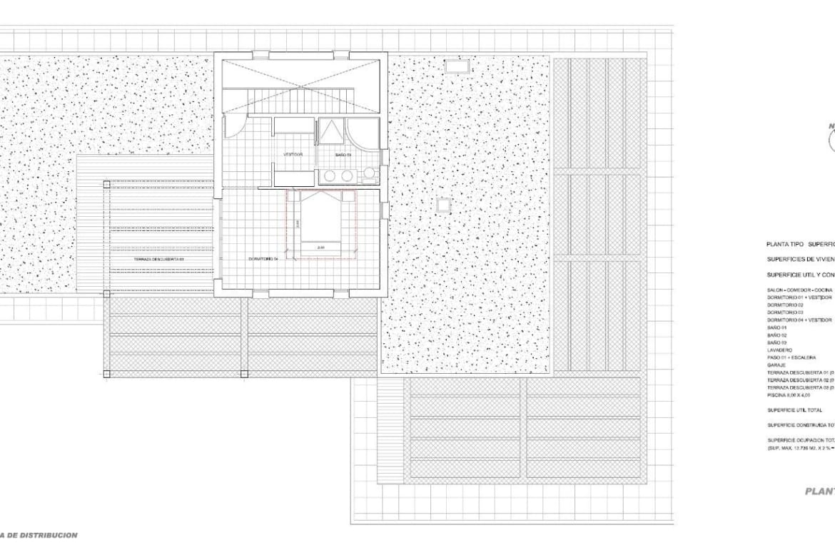 Upper-floor plan showing a bedroom suite and terrace in Pinoso, Alicante