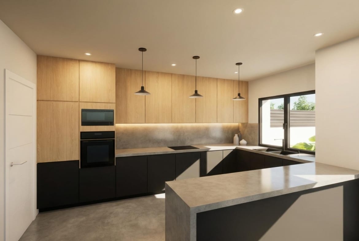Modern fitted kitchen in a spacious country villa in Pinoso, Alicante