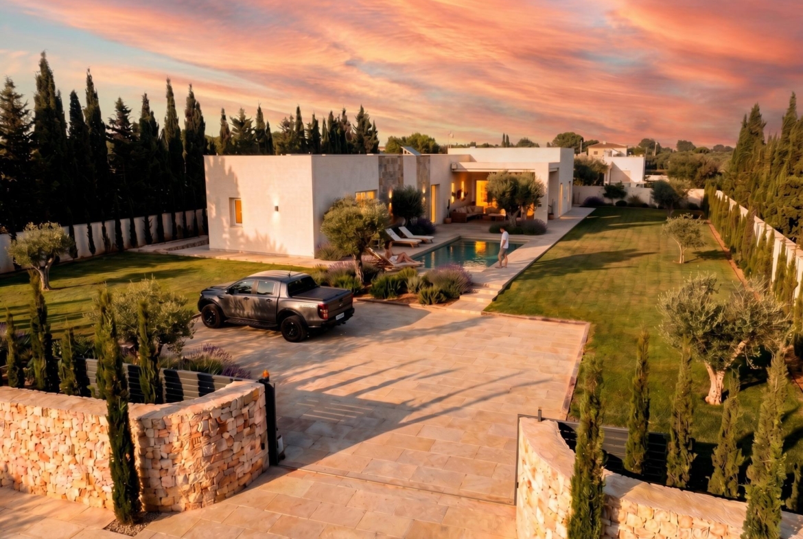 Aerial sunset view of a villa with land in Pinoso, Alicante