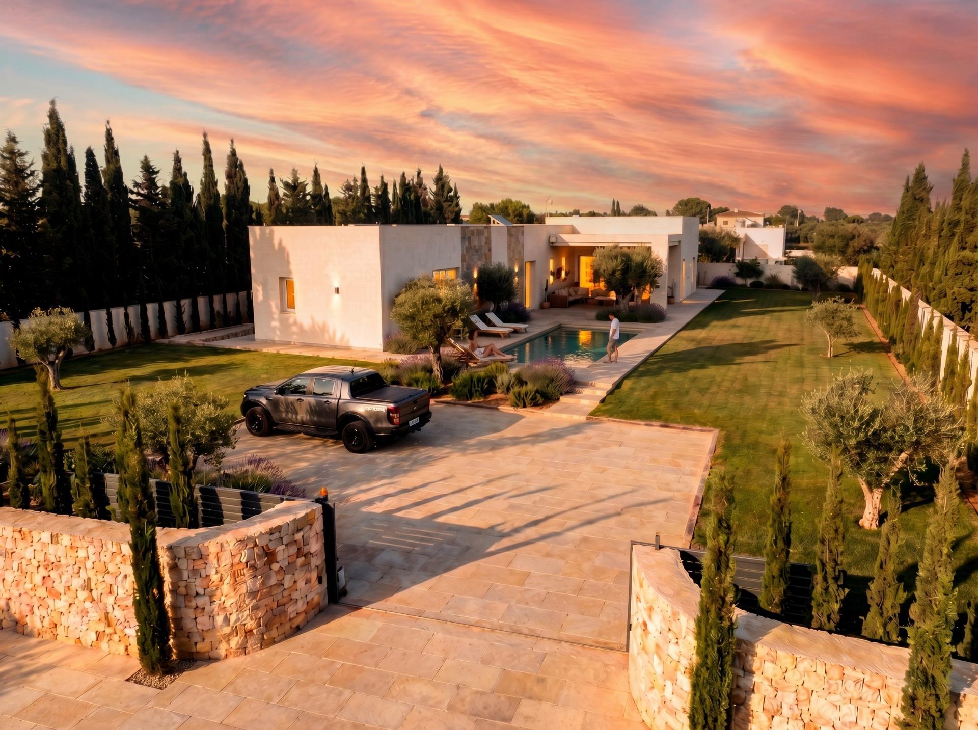 Aerial sunset view of a villa with land in Pinoso, Alicante