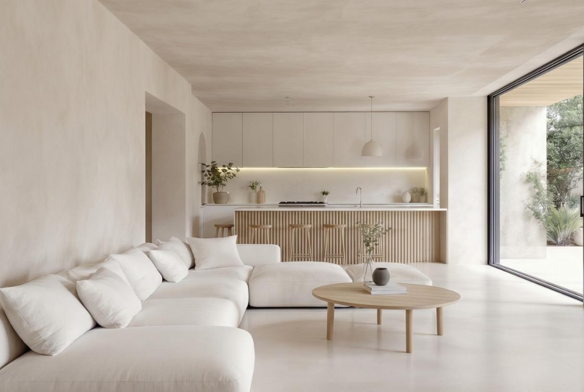 Living room with pool view in a single-storey villa in Pinoso