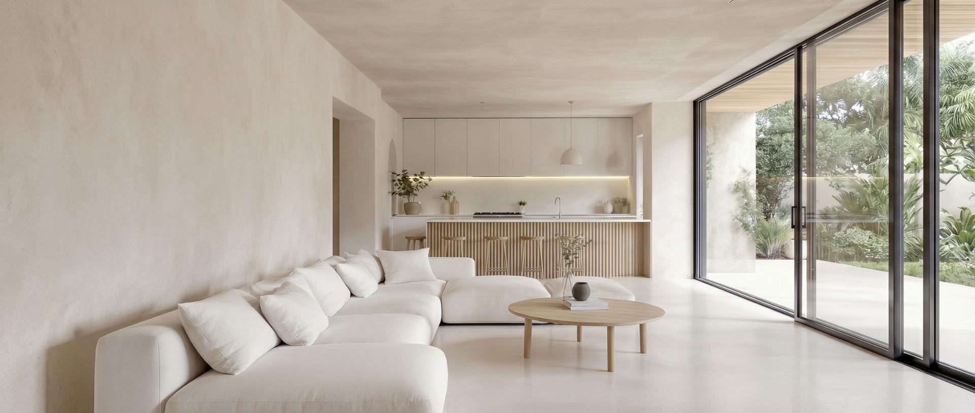 Living room with pool view in a single-storey villa in Pinoso