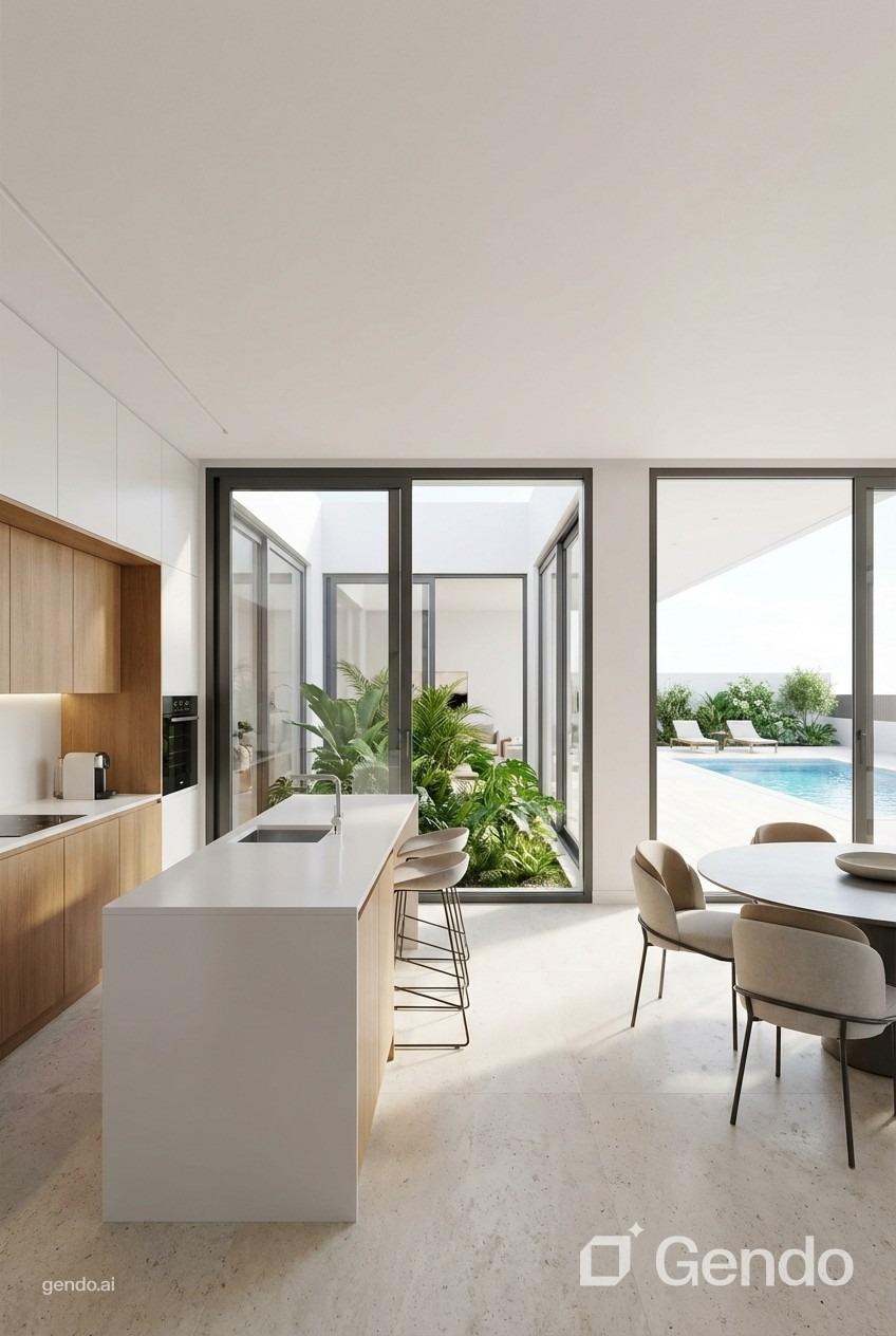 Kitchen and dining room overlooking the pool in Pinoso