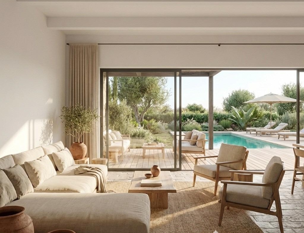 Living area opening to the private pool at a Pinoso villa