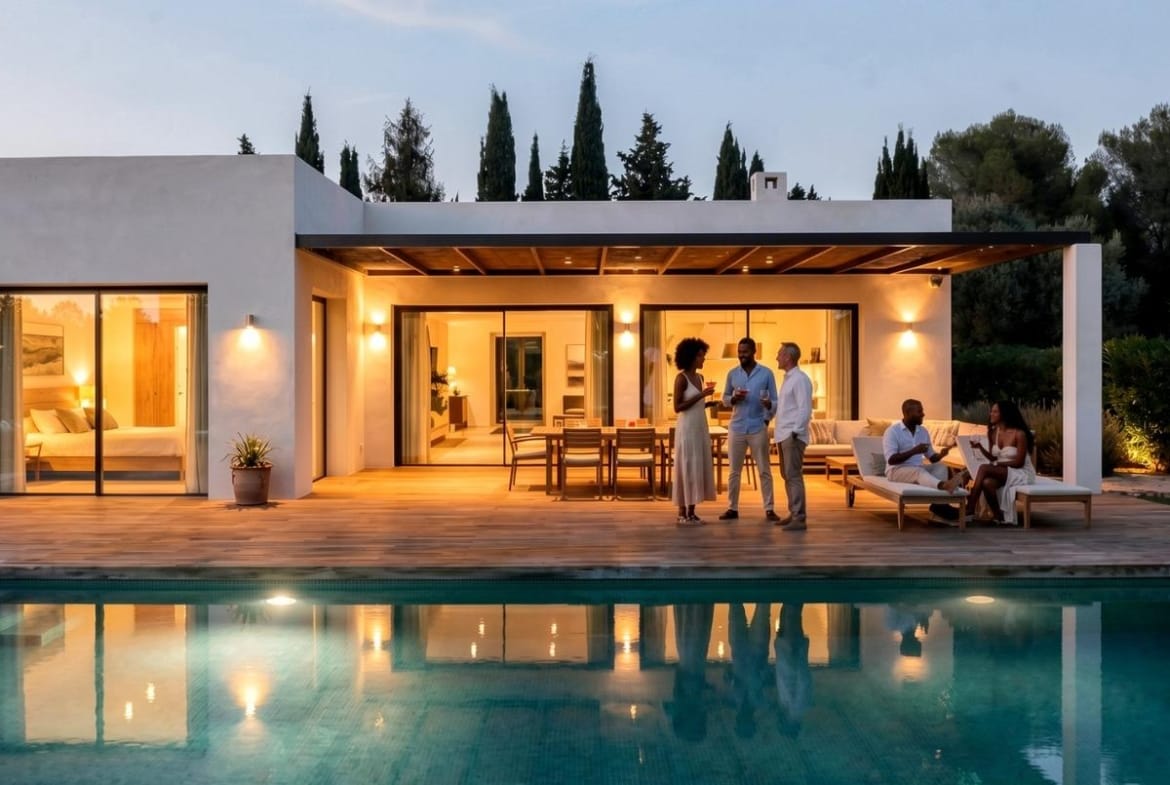Villa and private pool at sunset in the Pinoso countryside, Alicante