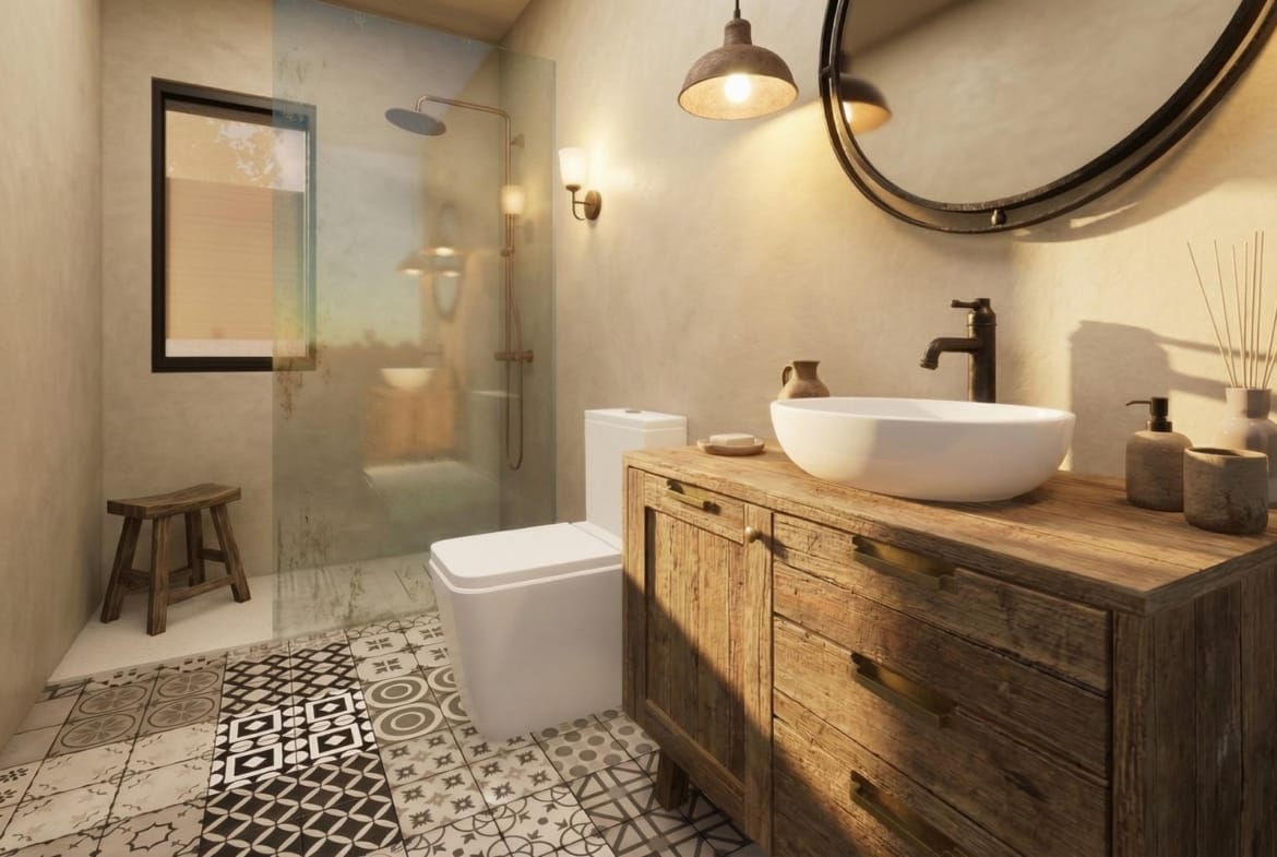 Bathroom with walk-in shower in a single-storey Pinoso villa, Alicante