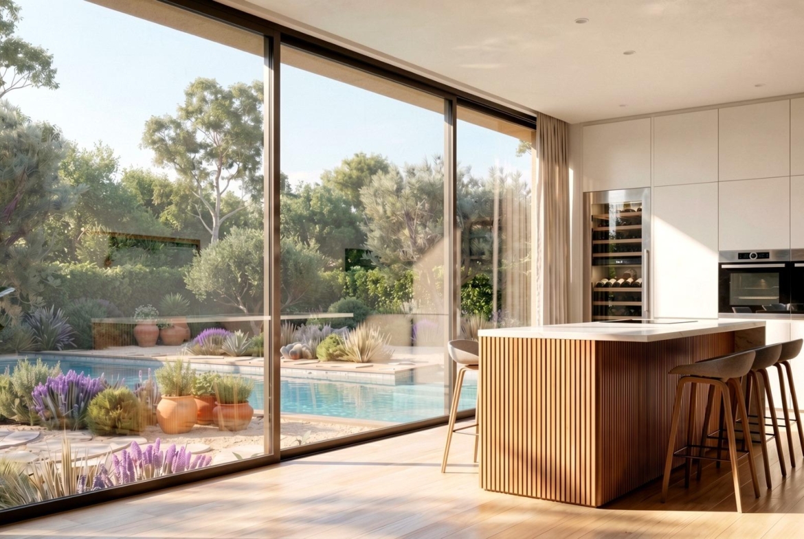 Kitchen island with pool view in a custom build villa in Pinoso