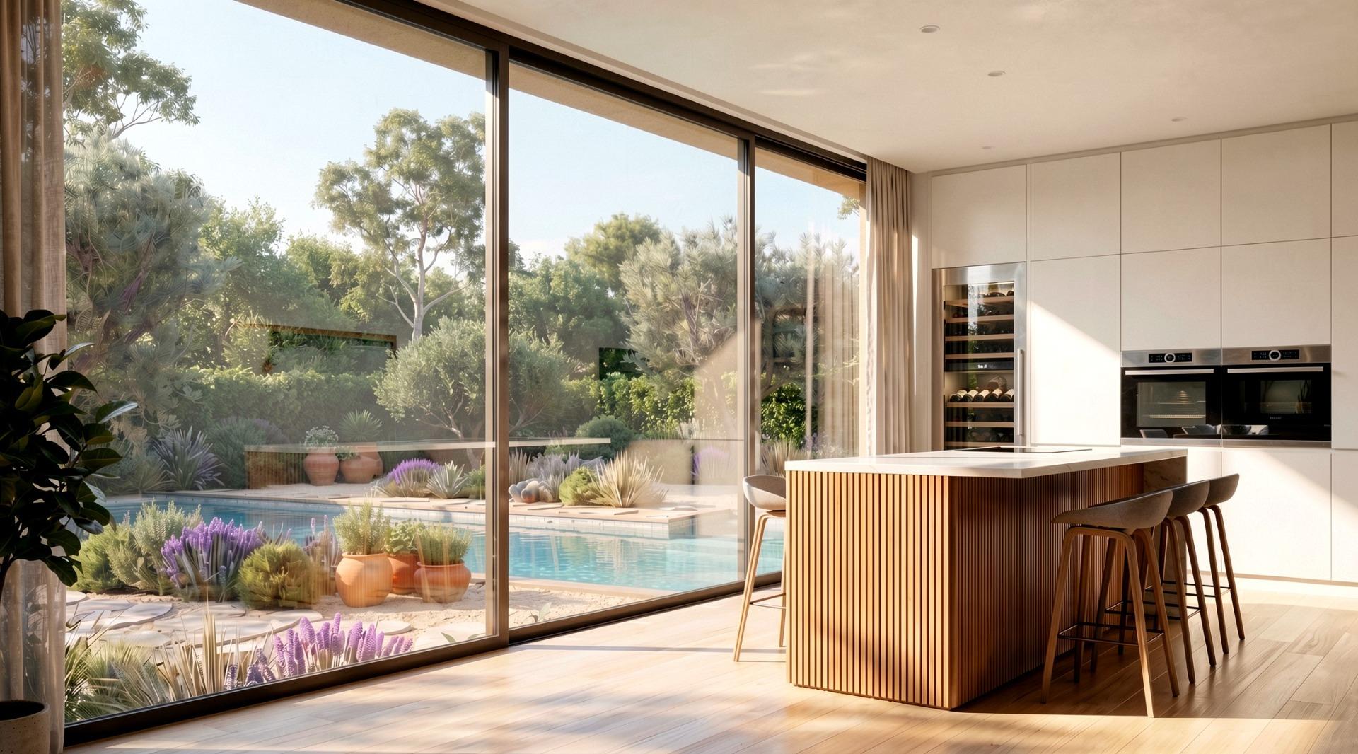 Kitchen island with pool view in a custom build villa in Pinoso