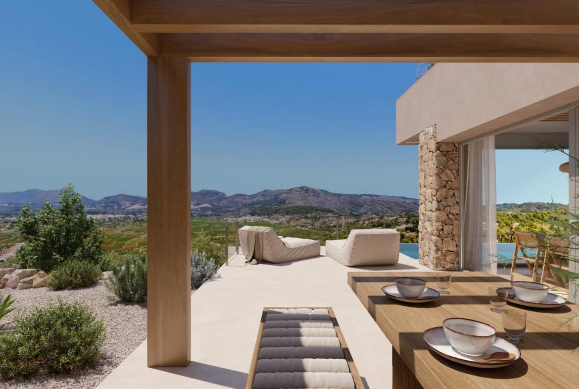 Covered dining terrace overlooking the Vall de Pop countryside in Llíber