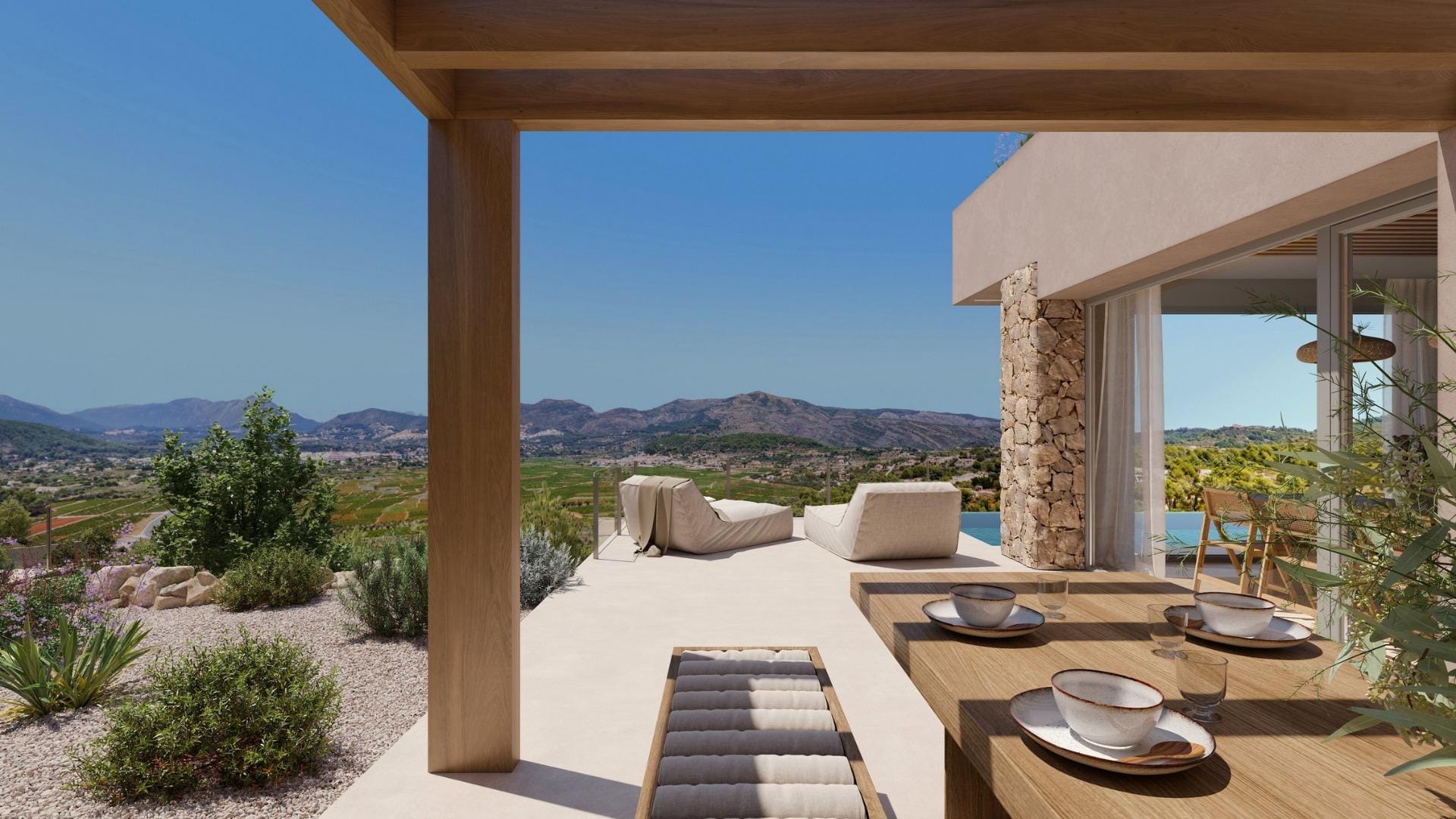 Covered dining terrace overlooking the Vall de Pop countryside in Llíber