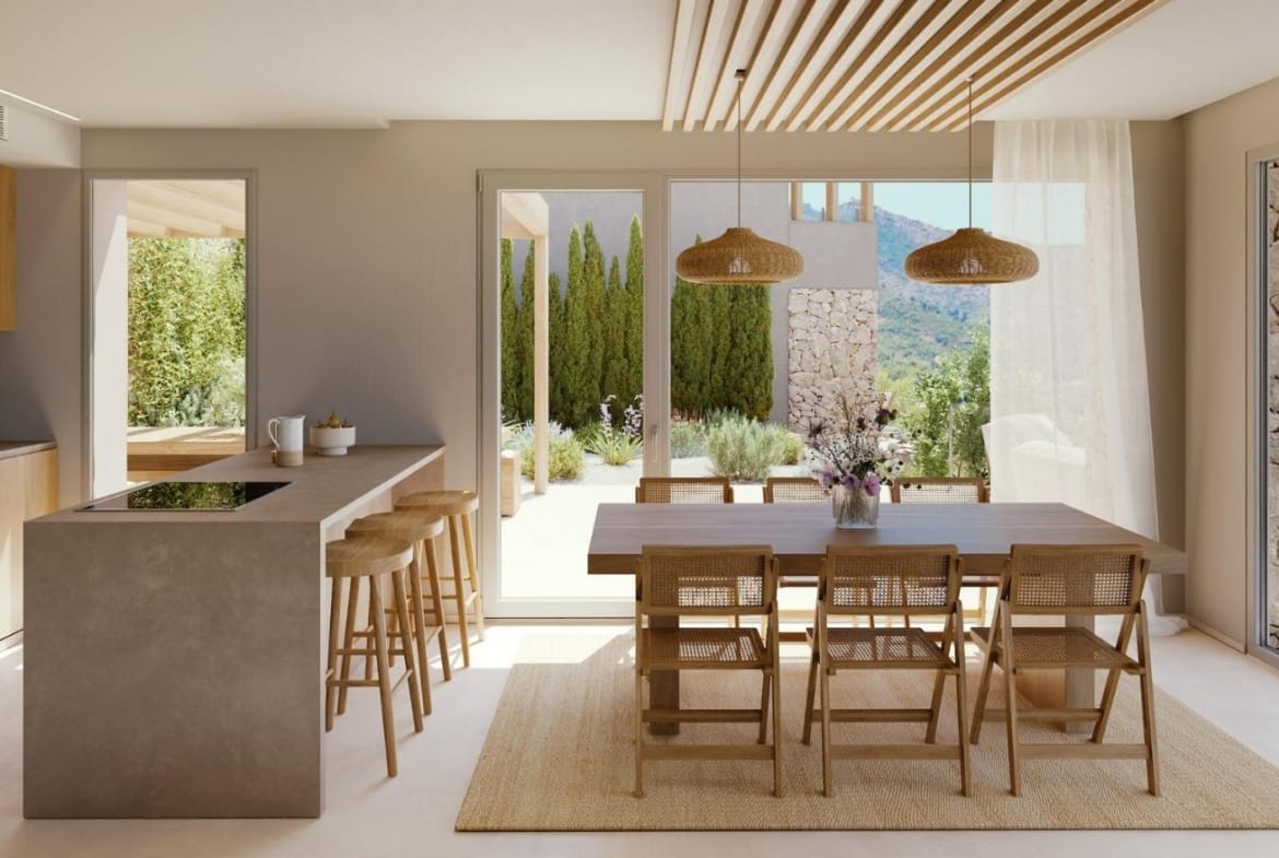 Fitted kitchen and dining area with direct access to the pool terrace
