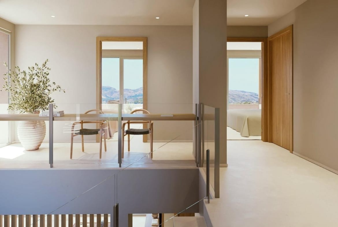 First-floor landing with a workspace and mountain views