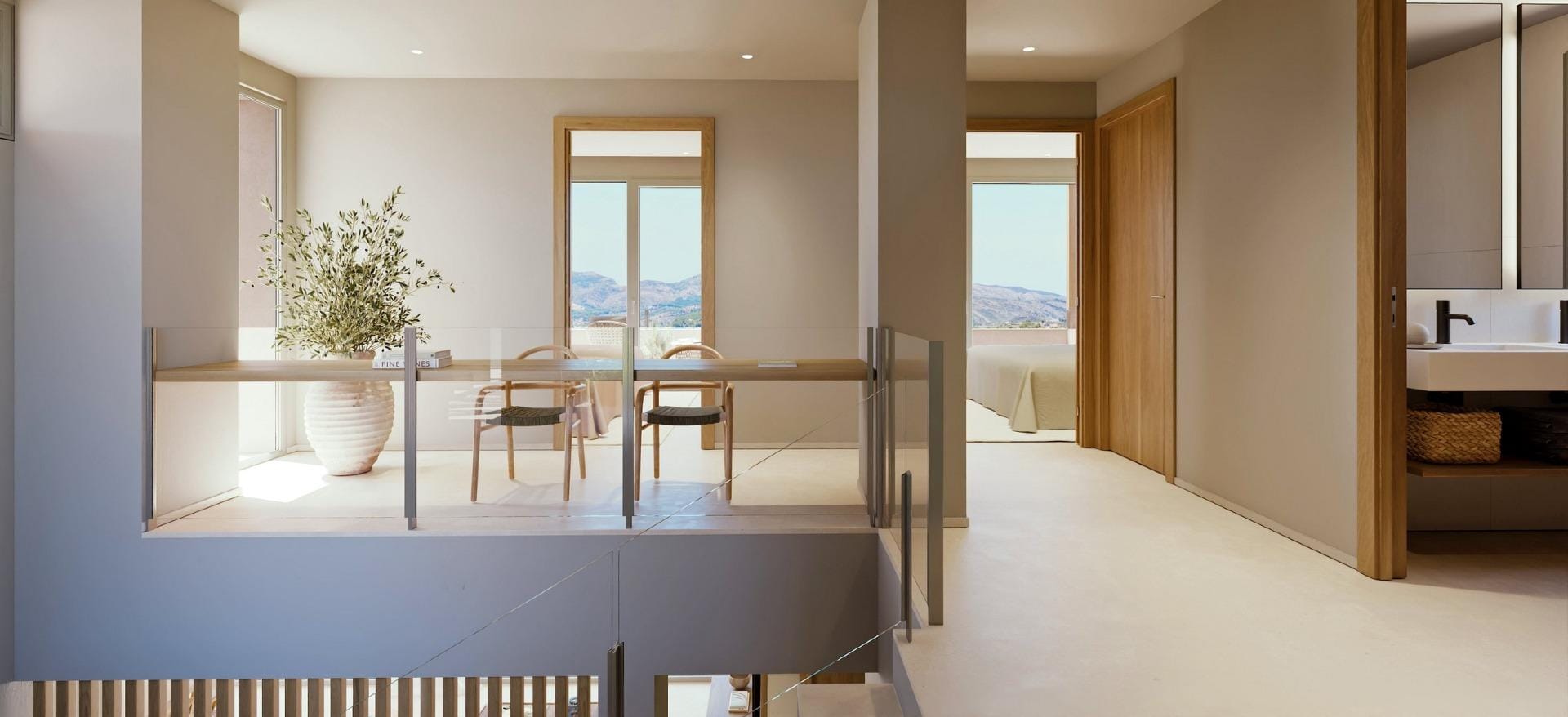 First-floor landing with a workspace and mountain views