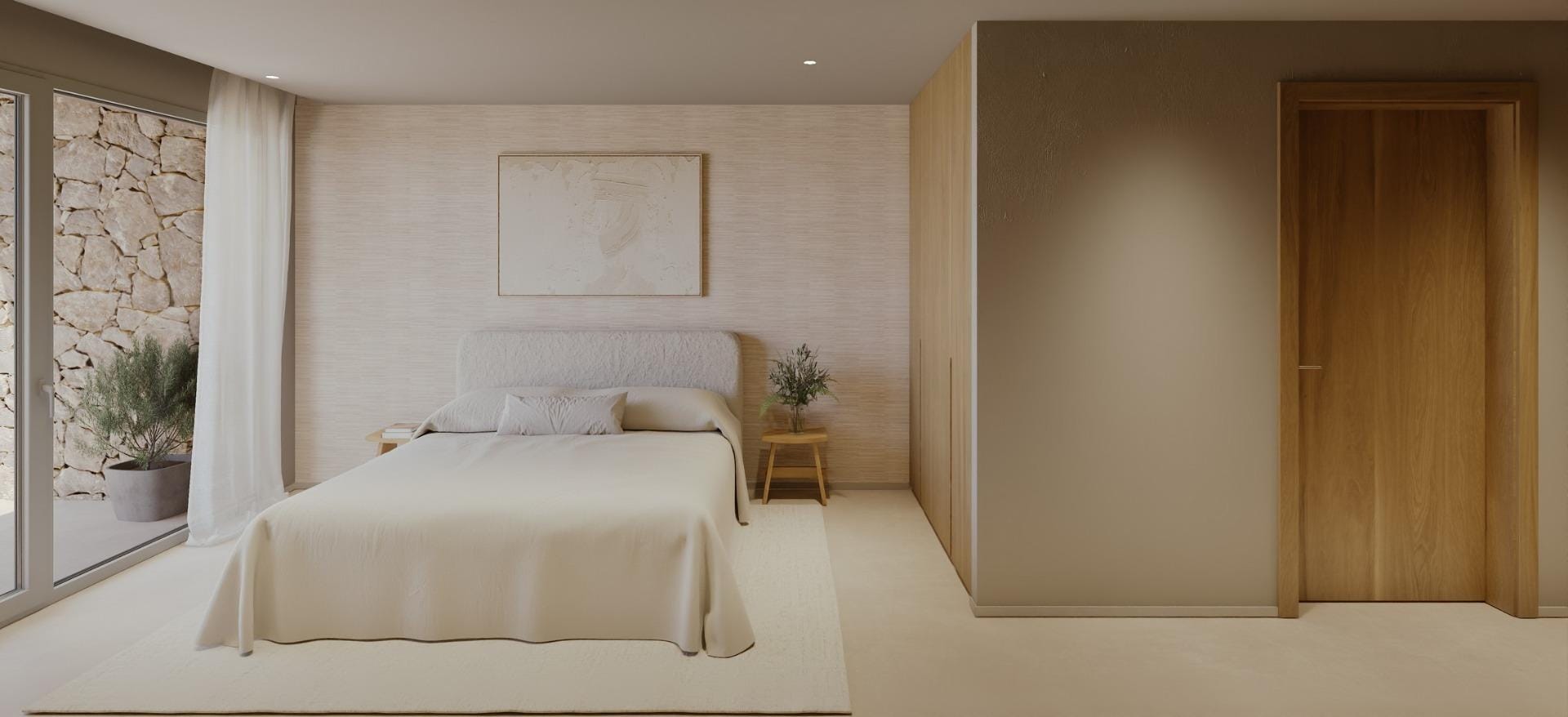 Main bedroom with fitted wardrobes and private terrace access