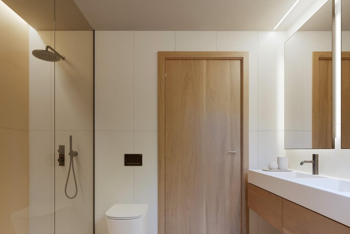 Contemporary bathroom with walk-in shower and double vanity