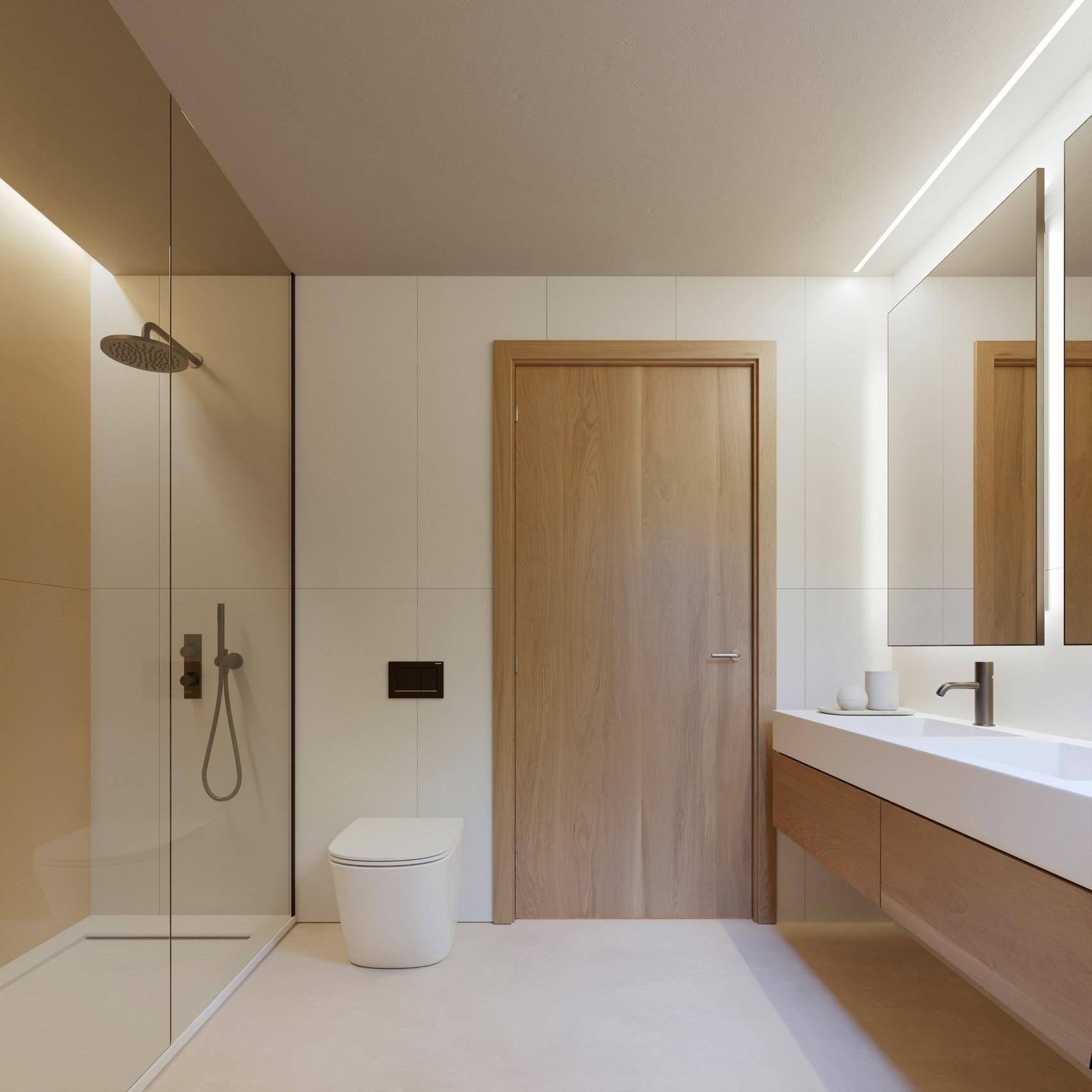 Contemporary bathroom with walk-in shower and double vanity