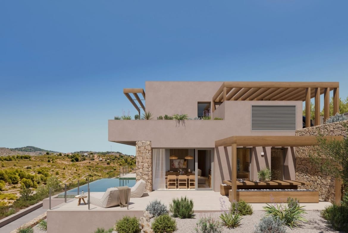 Rear villa elevation with terraces, pergola and infinity pool