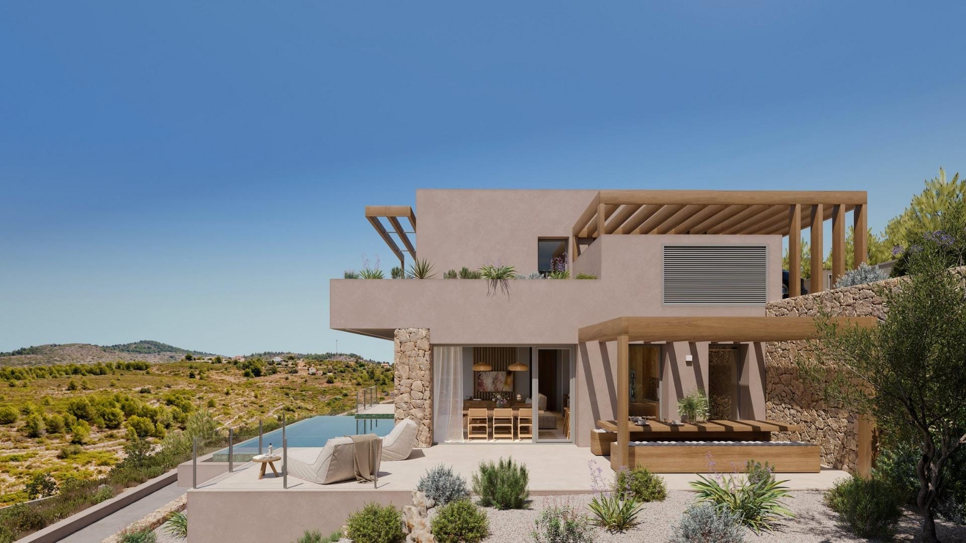 Rear villa elevation with terraces, pergola and infinity pool