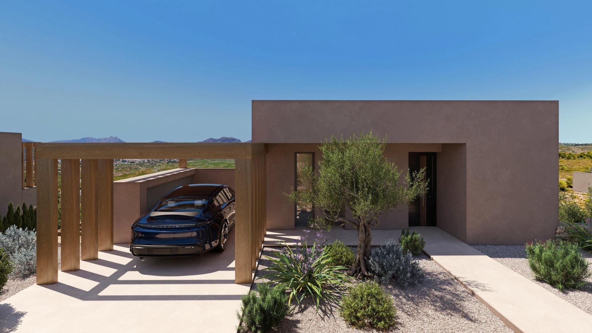 Covered private parking and entrance with Mediterranean garden