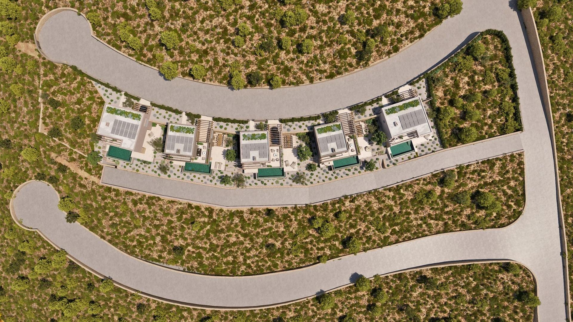 Aerial site view showing villa plots, private pools and access road