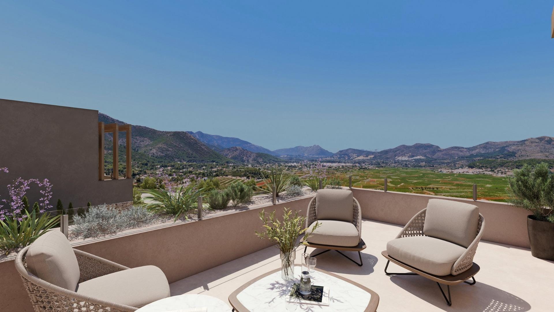 Upper terrace with seating and panoramic valley and mountain views