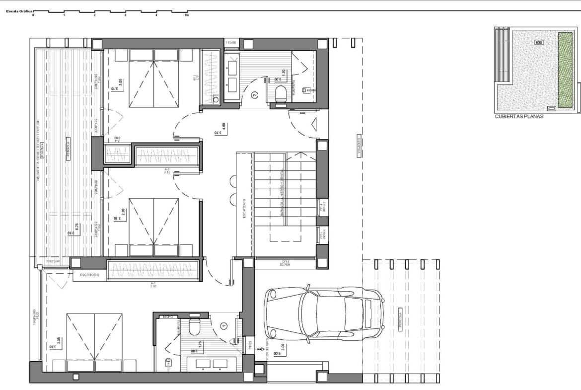 First floor and roof plan showing three bedrooms, bathrooms and terraces
