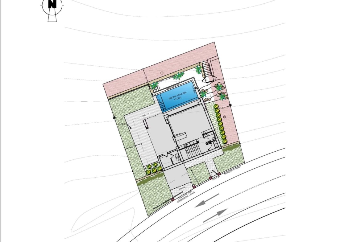 Plot plan showing the villa, private pool, garden, access and parking